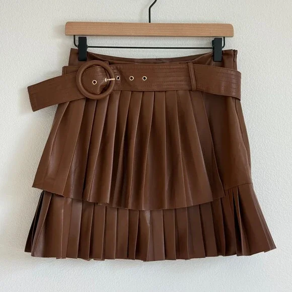 Zara Brown Pleated Leather-Look Mini Skirt with Belt - Picture 2 of 8
